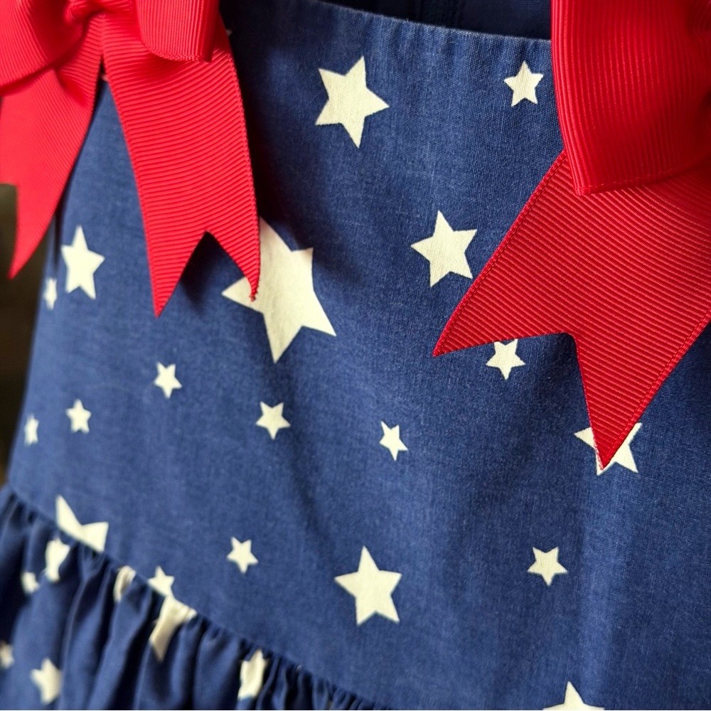 Jessica Ann Blue & White Star Print Sundress with Red Bow Straps - Picture 4 of 5